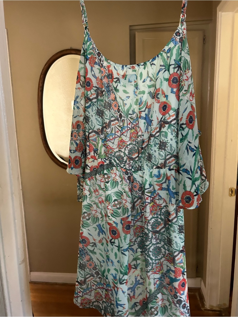 City Chic Mint Floral One-Shoulder Dress with Coral Accents